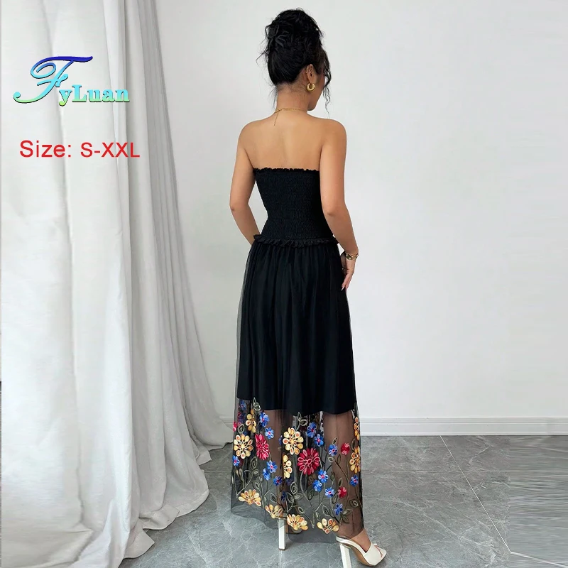 2025 แฟชั่นผู้หญิงสีดําชุดราตรียาวเอวสูงปักตาข่าย Big Swing กระโปรงฤดูร้อนค็อกเทลชุดราตรี
