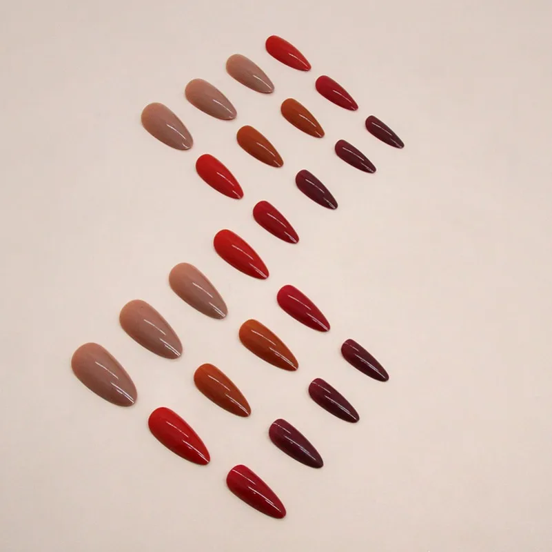 24pcs/set Medium Almond Elegance Press on Nails Long False Nail Art Acrylic Red Brown Stick-on Nails for Gluing Finger Nail Tips