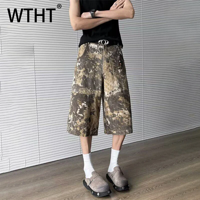 

WTHT винтажные мужские лоскутные джинсовые шорты-карго с камуфляжными карманами, модные повседневные короткие брюки с высокой талией, мужские летние 2A0215
