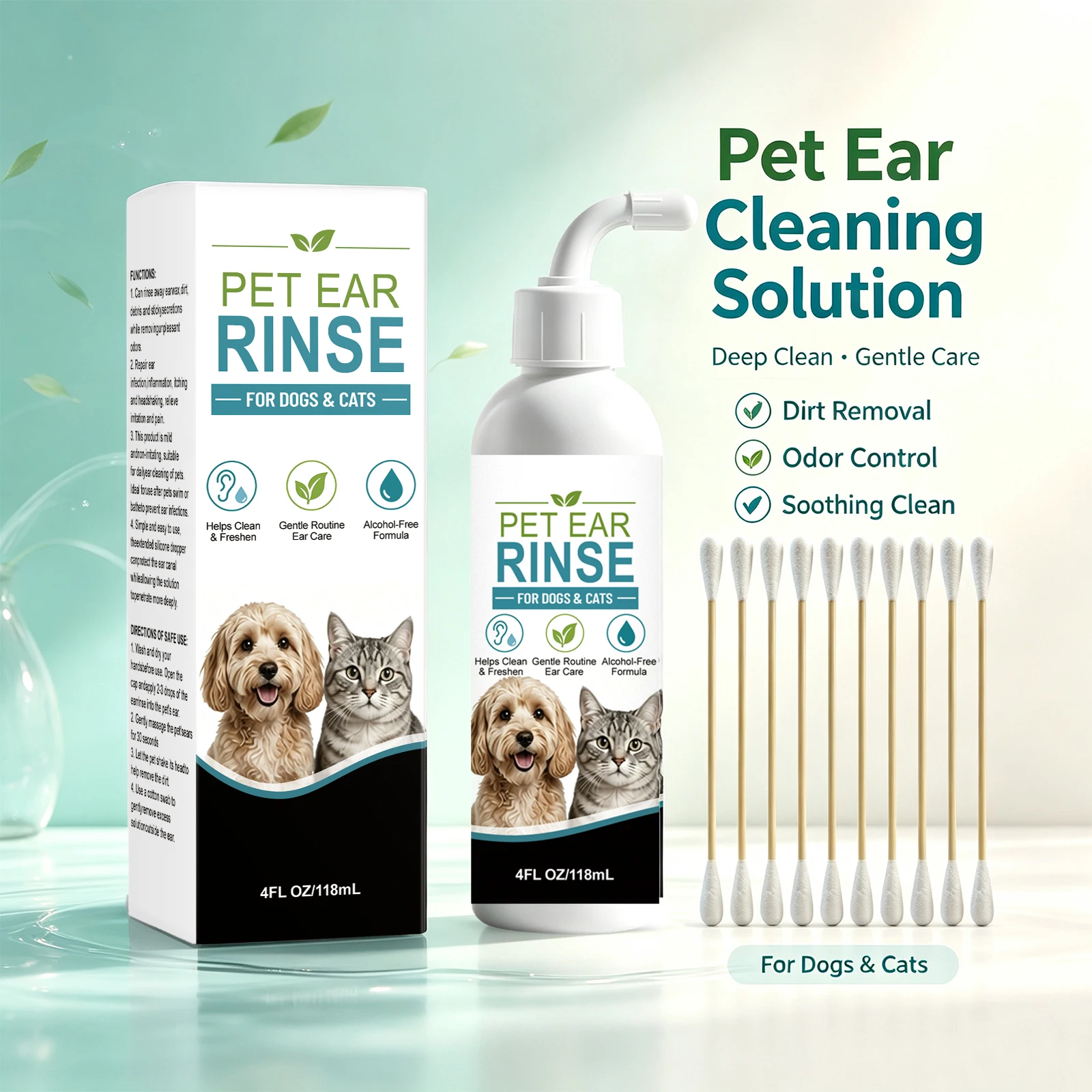 Pet Ear Cleaning Liquid for Dogs and Cats Gently Removes Dirt and Wax Controls Odor Soothes Ears Pet Ear Care Kit 118ml