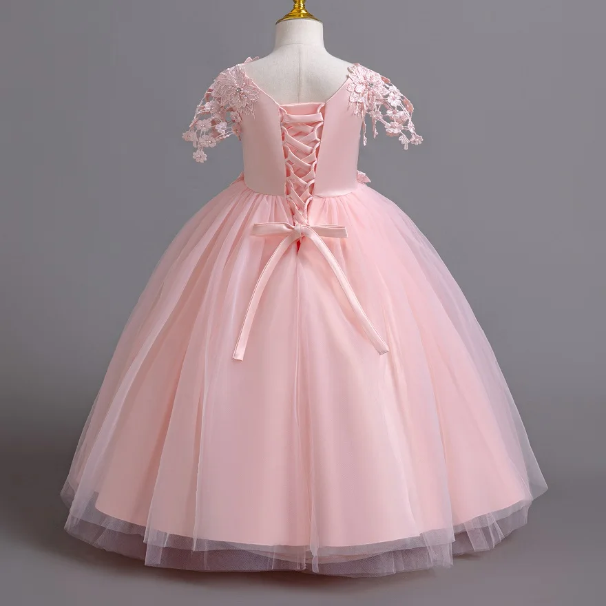 Girl\'s Flower Bow Princess Dress 4-12 Years Old Fashionable Embroidered Lace Long Mesh Dress Carnival Birthday Performance Dress