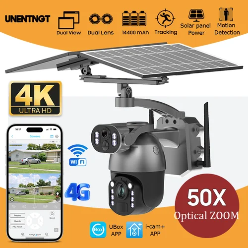 Imagen 1 del producto UNENTGT 8MP 50x Zoom cámara de seguridad inalámbrica Solar lente Dual grabación de vídeo PTZ cámara exterior 4G SIM/WIFI visión nocturna en Color