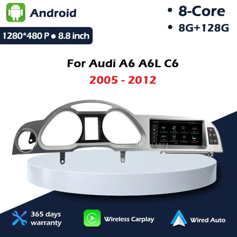 Android 14 for Audi A6 A6L C6 2005 - 2012 Wireless CarPlay Car intelligent System Navigation GPS Head Unit 8.8 inch Touch Screen