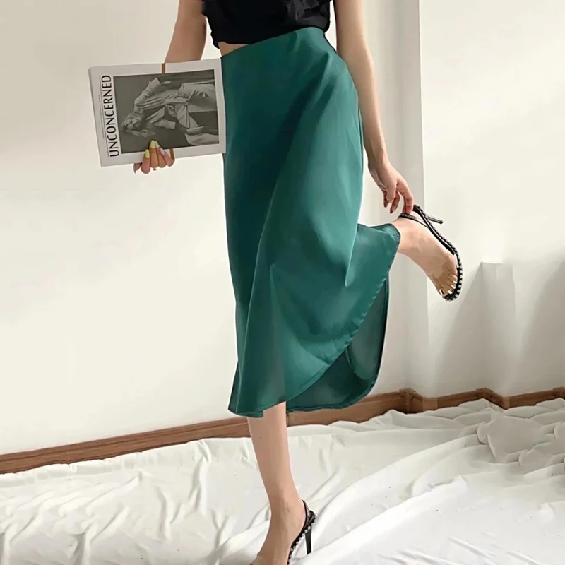 

Women's Monochromatic Satin Skirt, Elastic Waist, A-Line, Slim, Summer, Female, Hot Sale