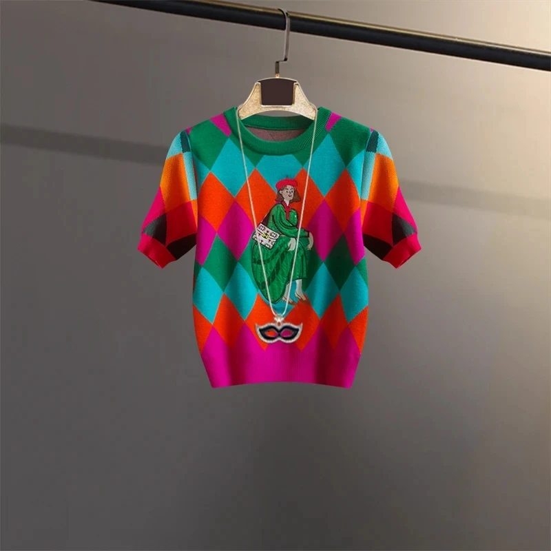 الصيف الترتر محبوك تي شيرت المرأة موضة عادية الكرتون س الرقبة قصيرة الأكمام سترة البلوز السيدات بلايز تيز