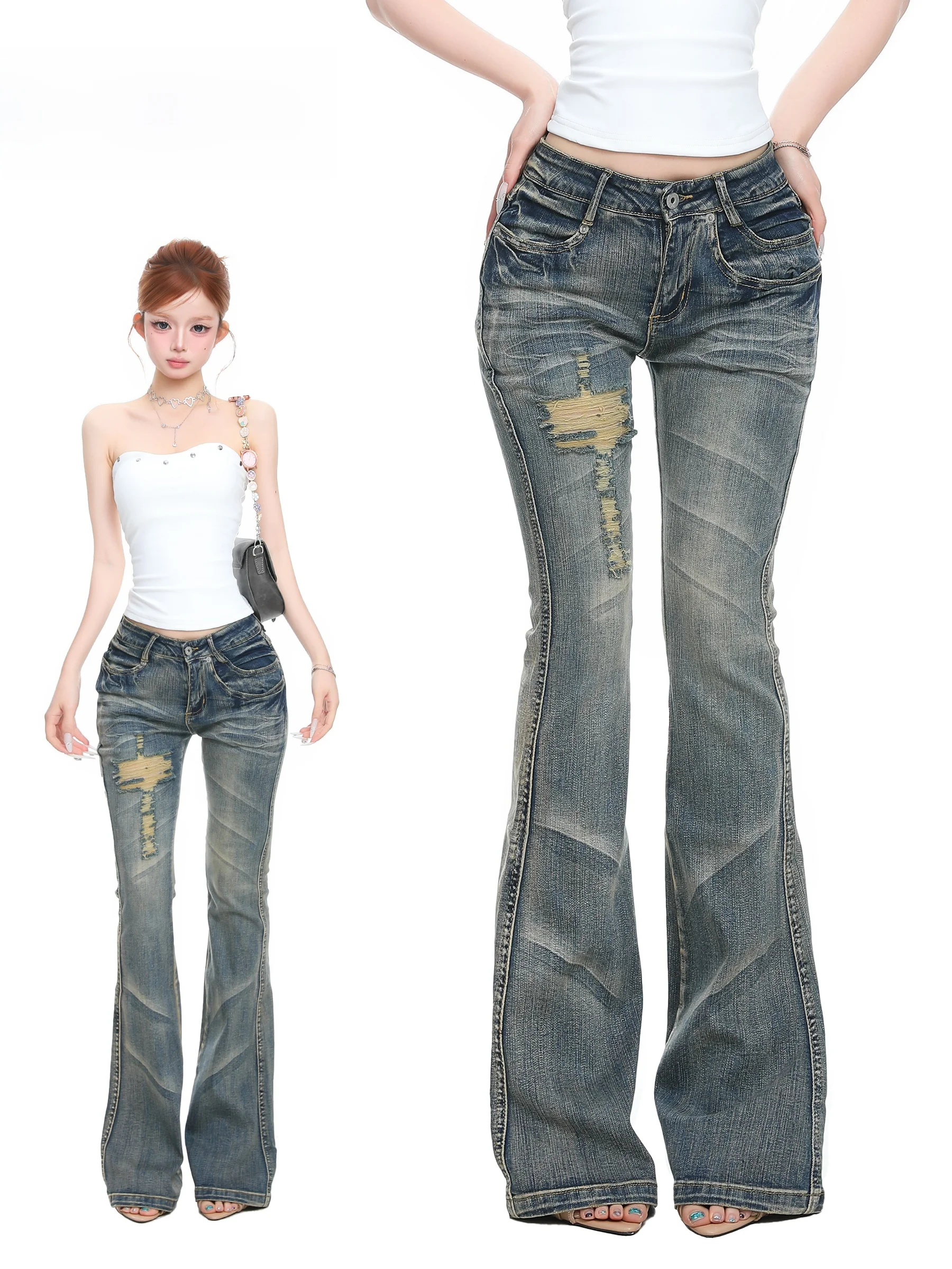 

Basterds American Retro Washed Elastic Hole Micro Flared Jeans Women Low Waist Spicy Girl Slimming Long Pants Denim Blue Cotton