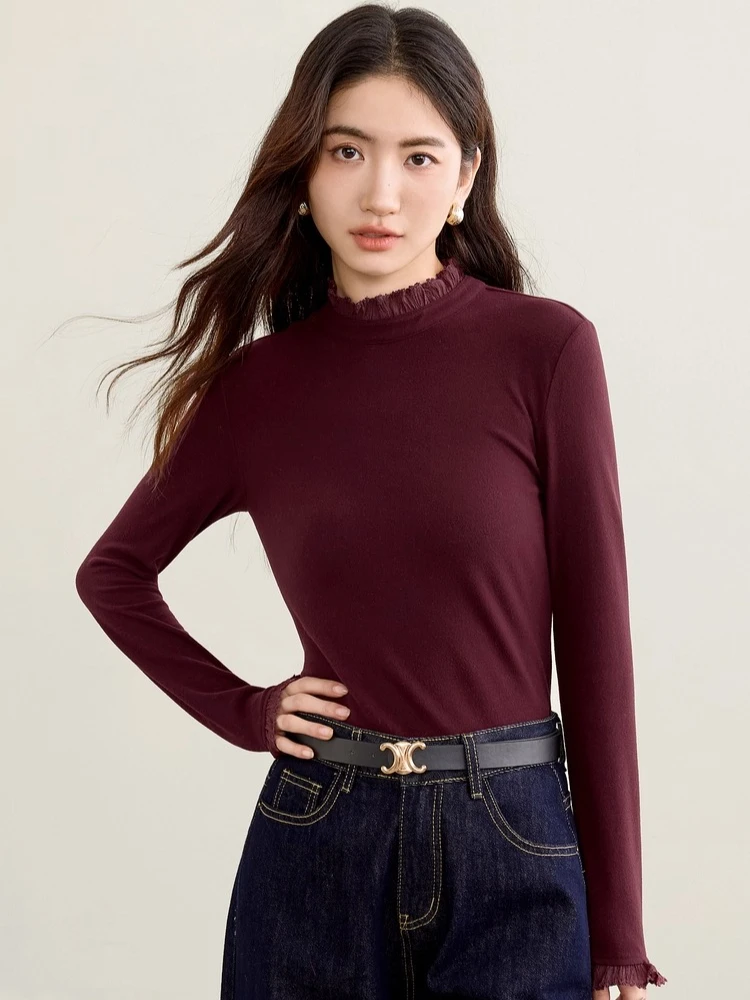 

SENTUBILA Long-sleeve T-shirts for Woman Edible Tree Fungus Mock Neck Slim-fit T-Shirts 2025 Autumn Solid Elegant Tops 153SF2725