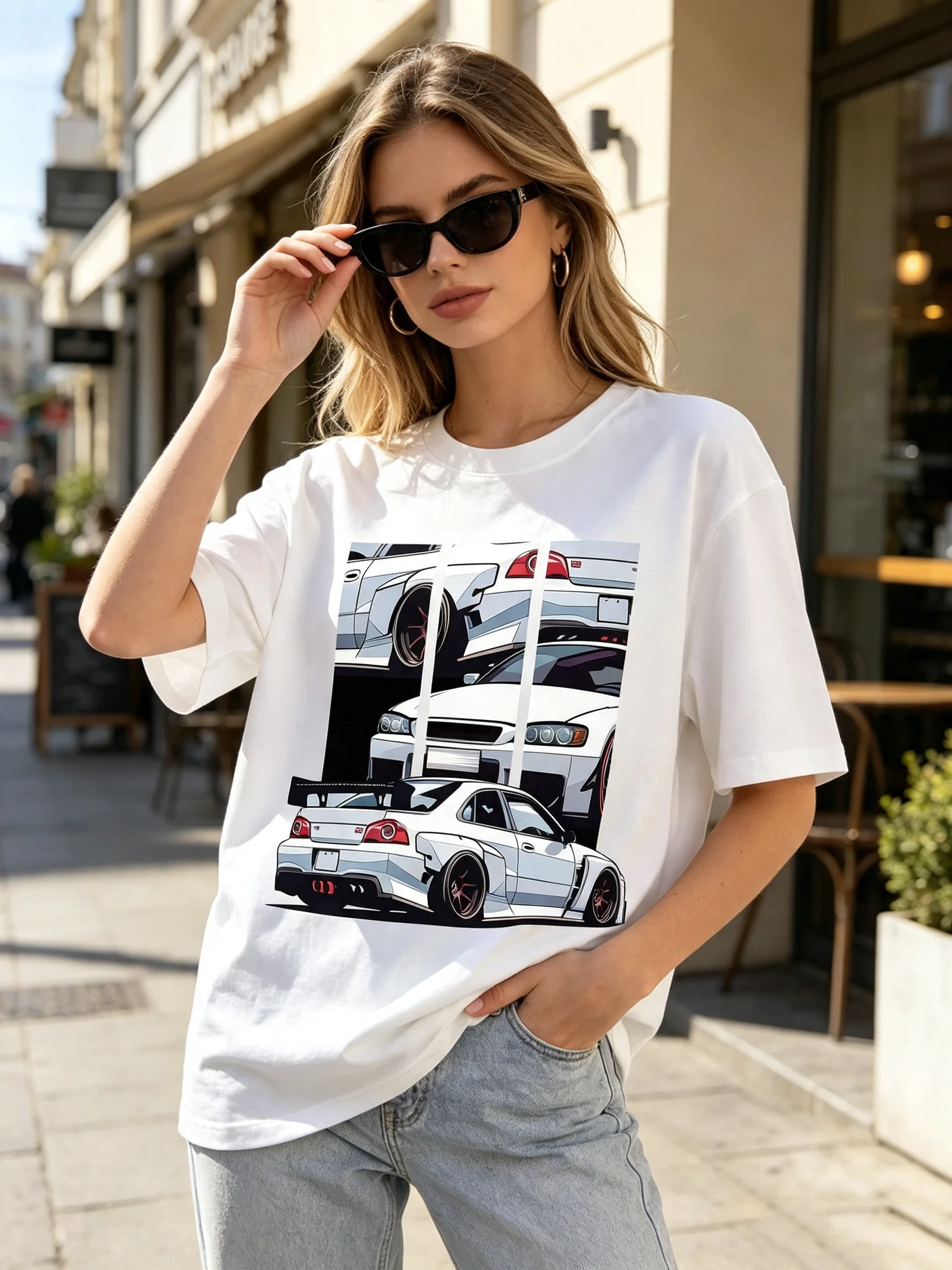 Women's Vintage Racing Style JDM Wide Body Car Print T-Shirt Soft Breathable Loose Fit Casual Tee