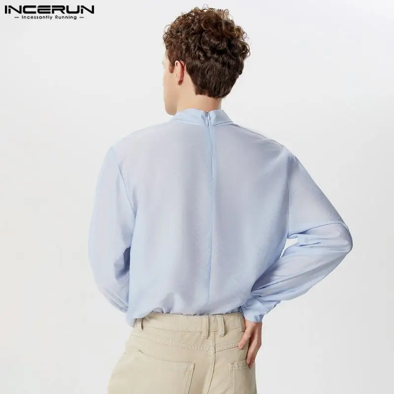 INCERUN Men Shirt Solid Color Stand Collar Long Sleeve Transparent Casual Men Clothing Streetwear 2024 Loose Fashion Camisas