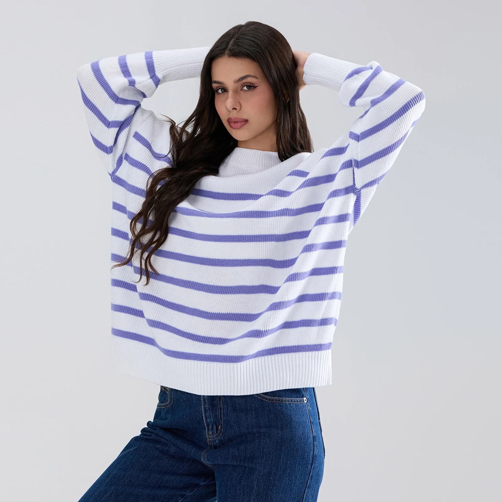 Striped Print Sweater Women Drop Shoulder Long Sleeve Round Neck Slit Hem Knitted Tops Winter Loose Pullovers