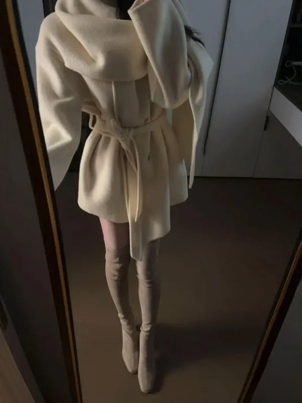 

Корейское элегантное шерстяное пальто с поясом и бахромой, длинный рукав, зимняя модная верхняя одежда для молодых женщин