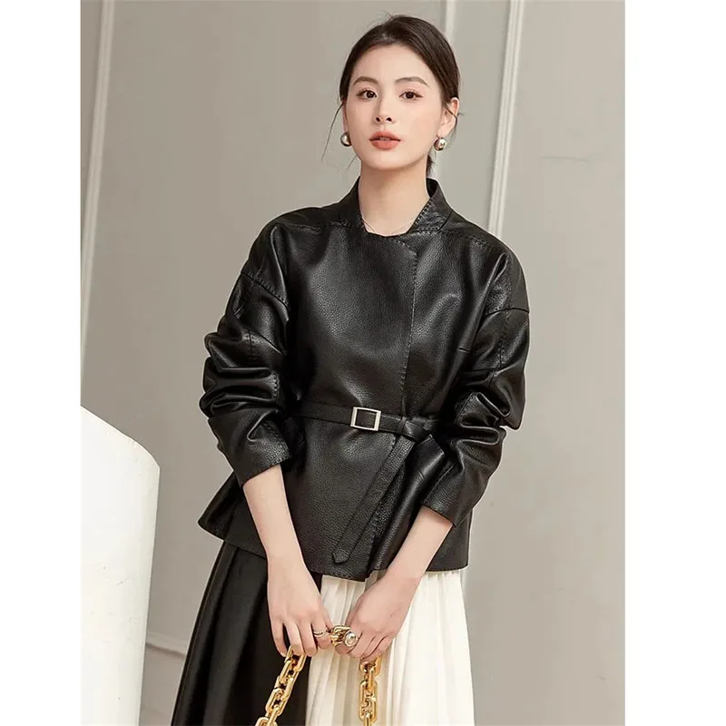 Fashion Belt PU Leather Jacket Female 2024 New Spring Autumn Coat Mid-Length Black Motorcycle Coat Outerwear Street Decoration