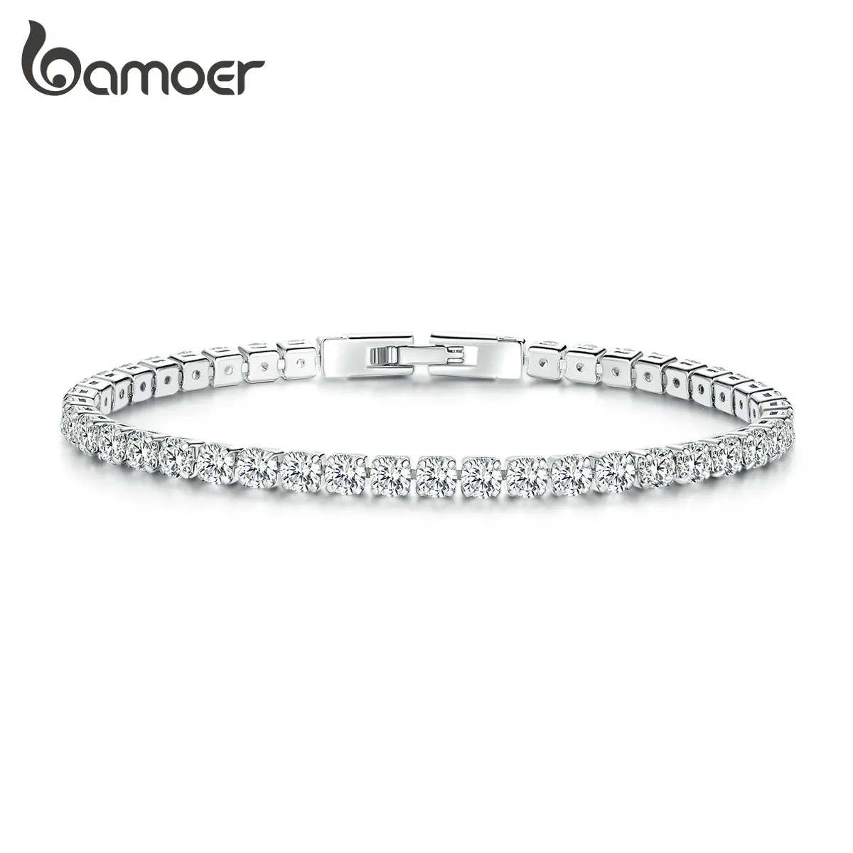 Bamoer Plated Silver Color Full Zircon Chain Bransoletka dla kobiet Moda Cubic CZ Biżuteria ślubna Akcesoria imprezowe