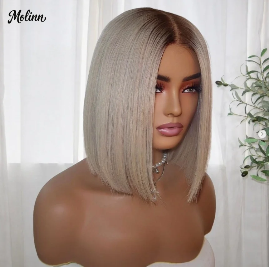 Silver Grey Ombre Wig 13x4 HD Bob Lace Front Wig Straight Short Lace Frontal Wig Synthetic Hair PrePlucked Cosplay Daily Wear