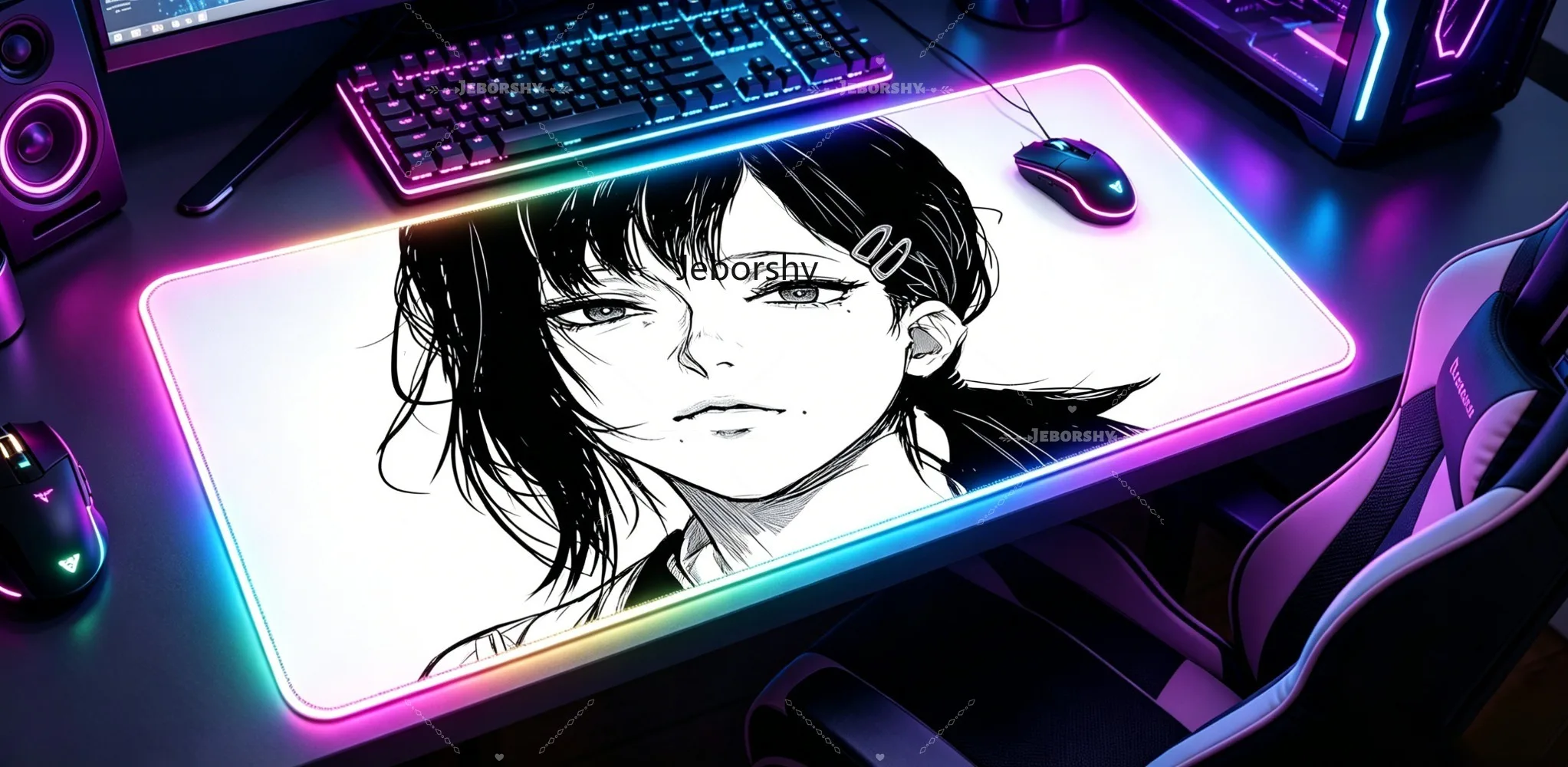 RGB LED Anime Girl Gaming Mouse Pad with Black & White Sketch Design