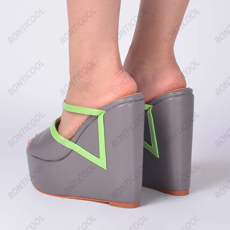 Ronticool Fashion Womens Summer Mules Sandals Stable Wedges High Heels Peep Toe Cool Grey Dress Shoes Ladies US Plus Size 5-20