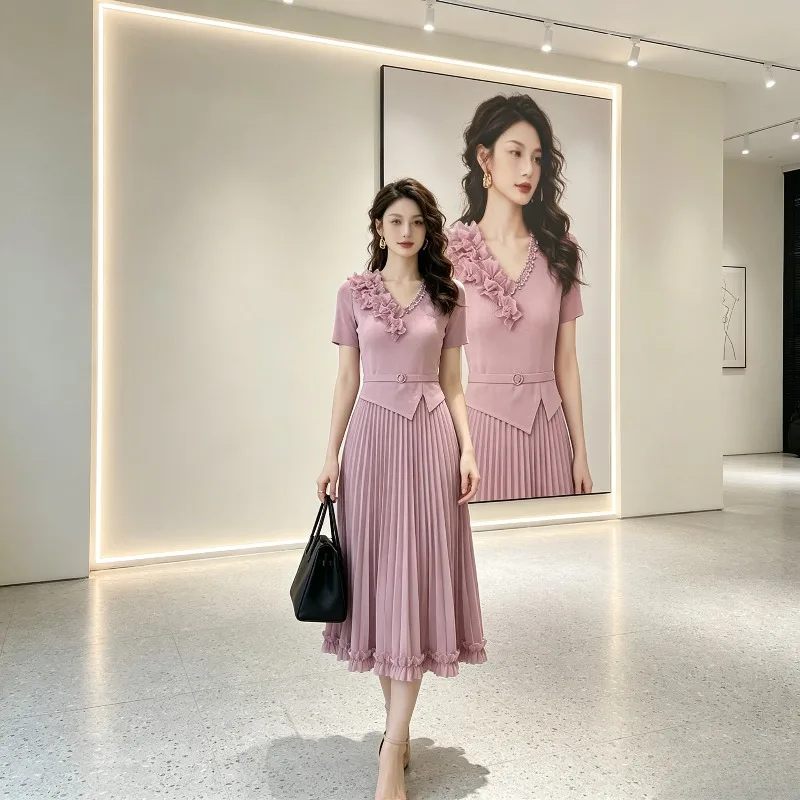 Miyake Pleated 2026 Dress Summer New Pleated Lace Collar Elegant Casual Temperament Fashion Solid Color Ruffled Dress for Women