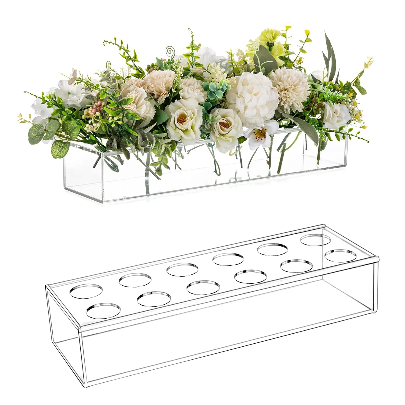 Transparent acrylic vase -12 holes, 11.8-inch rectangular exquisite floral center decoration, floral base, modern vase decoratio