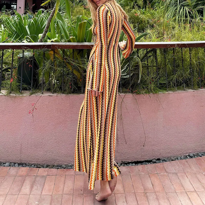 Nuevo vestido estampado de rayas dulces de otoño elegante vestido envolvente de cintura alta a la cadera vestido informal de corte bajo con cuello en V vestido de punto de manga larga