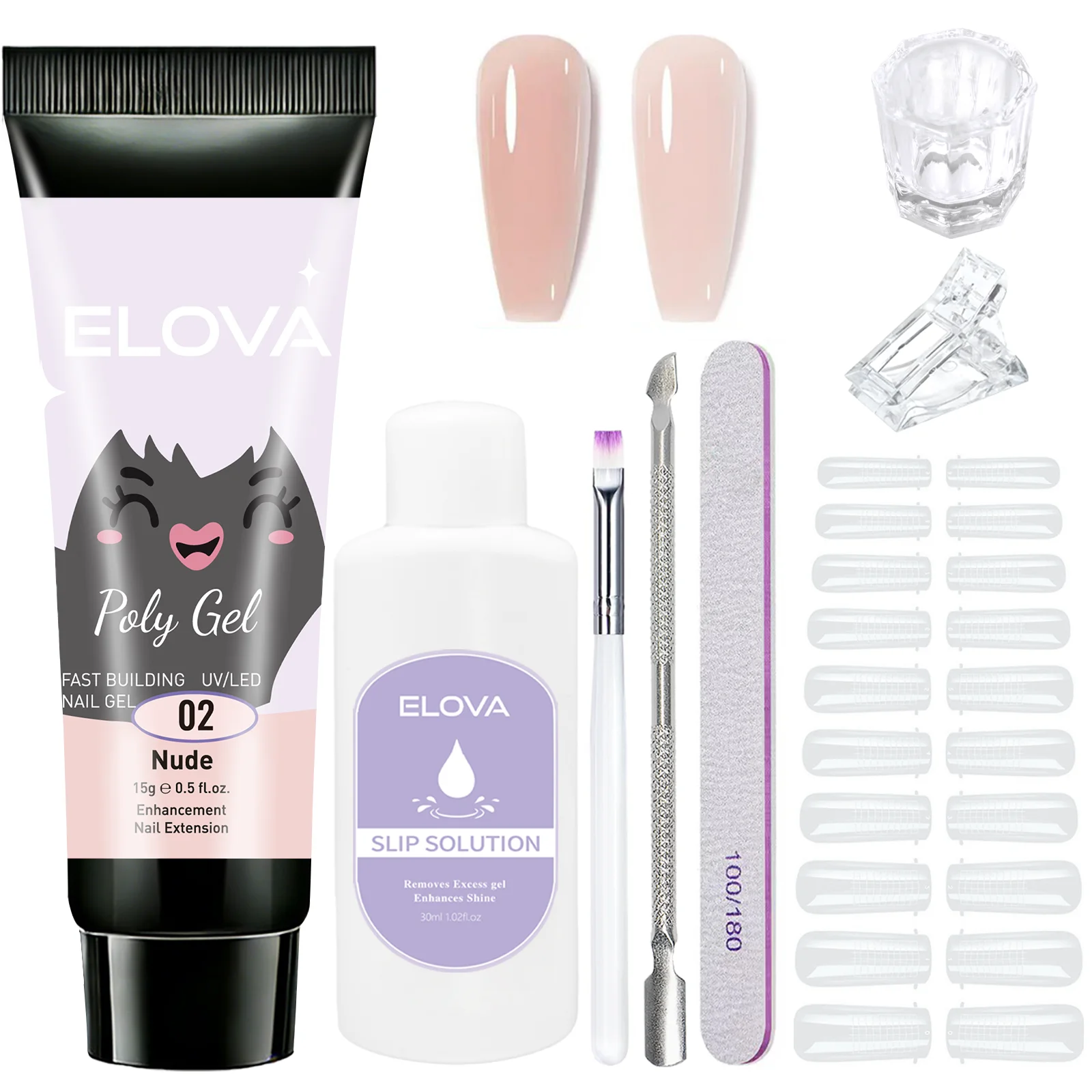 Kit de unhas Elova Polygel para iniciantes, conjunto inicial multifuncional com Polygel nude de 15ml, solução deslizante de 35ml, copo líquido, 24 duplos para