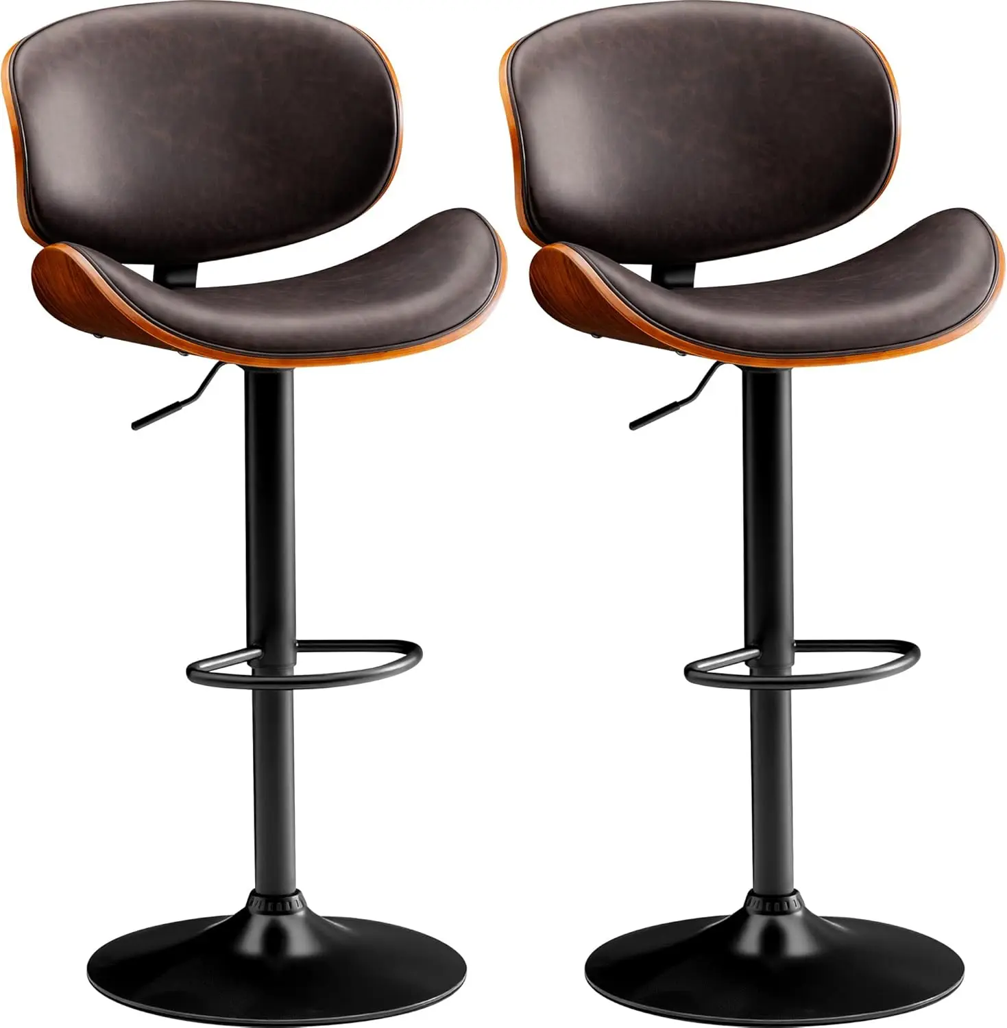 

Bar Stools Set of 2 Adjustable Swivel Bentwood Barstools PU Leather Modern Bar Chairs with Back & Footrest for Bar, Kitchen I