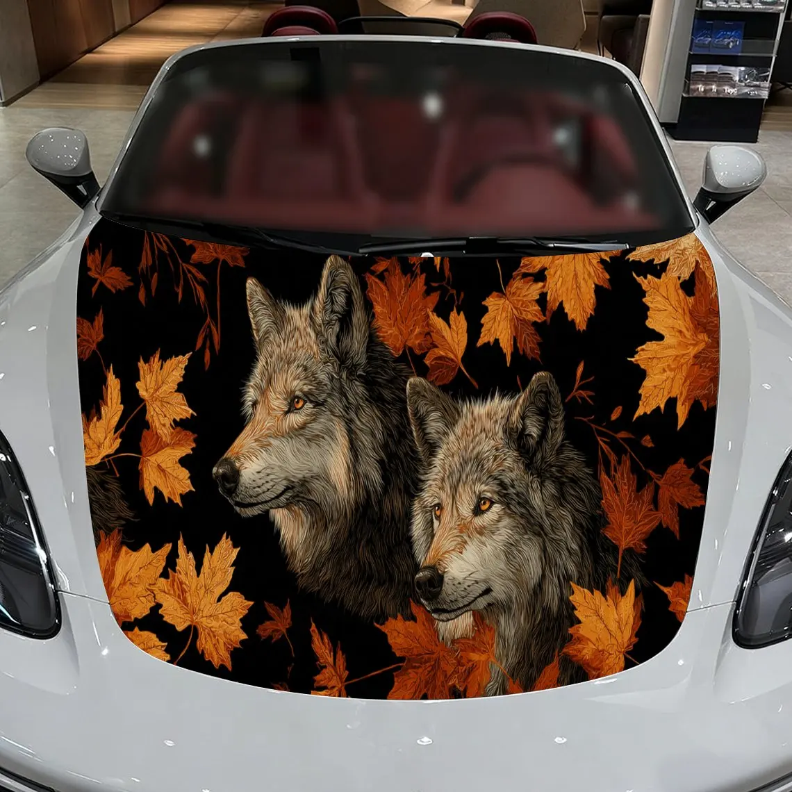 

Car Decal Wolf Pair with Orange Autumn Leaf Artistic Background & Mystic-Nature-Gothic Aesthetic Car Hood Sticker, Waterproof Se