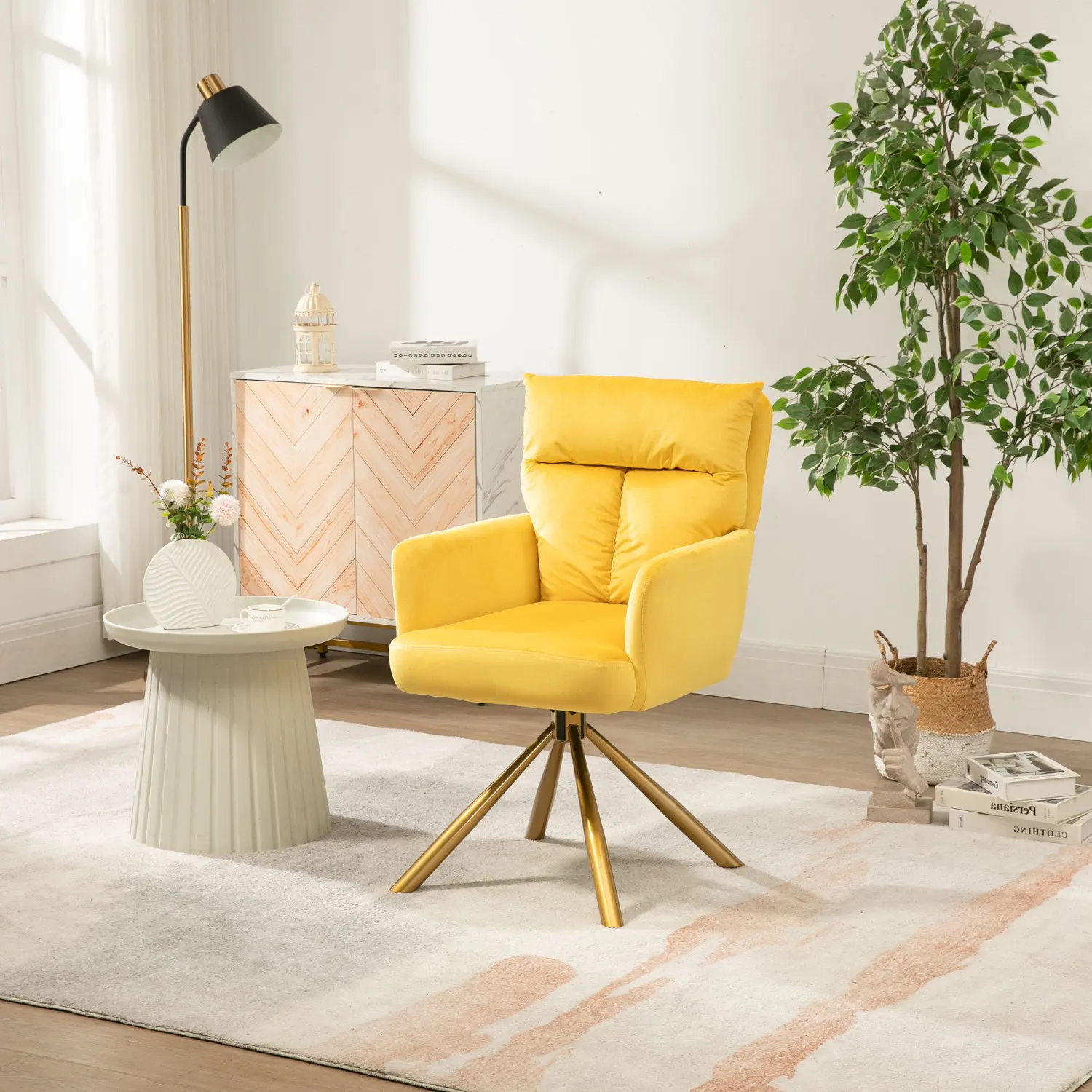 

Yellow Velvet Contemporary High-Back Upholstered Swivel Accent Chair