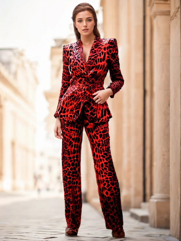 Velvet Pantsuits for Women 2024 New Designer Red Leopard Print Pencil Pants + Jacket 2pcs Suit Two Piece Set Outfits