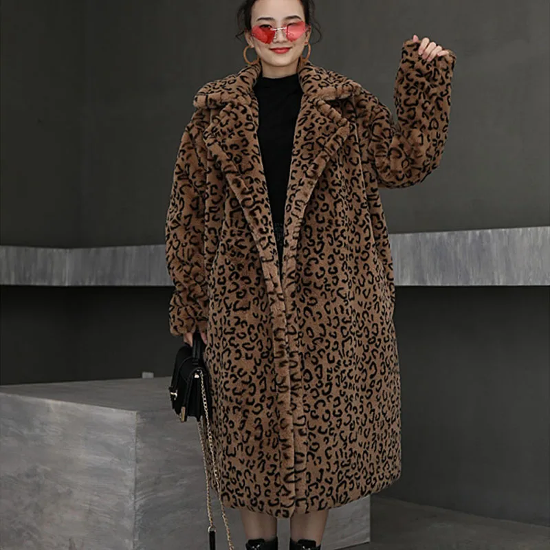 Leopard Print Teddy Fur Coat Women Outwear 2024 Winter Thick Warm Casual Loose Suit Collar Long Faux Rabbit Fur Jacket Female