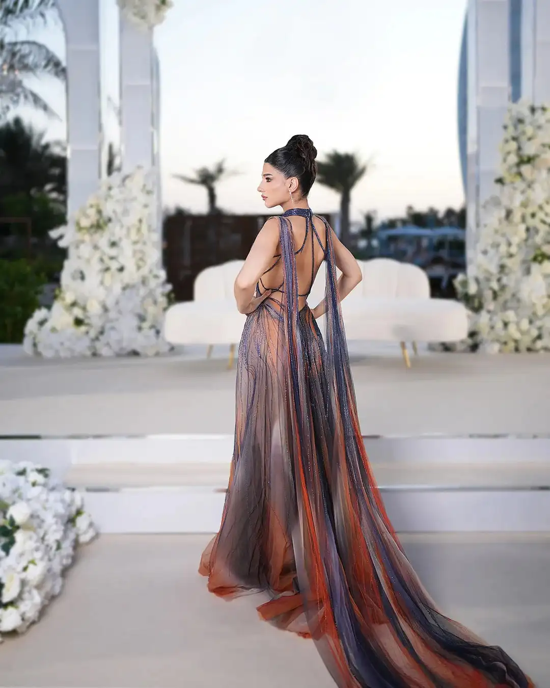 Jirocum Saudi Arabia Luxury Ombre Sequined Evening Dresses Sleeveless Cut-Out Mesh Gown with Train for Gala Prom Dresses