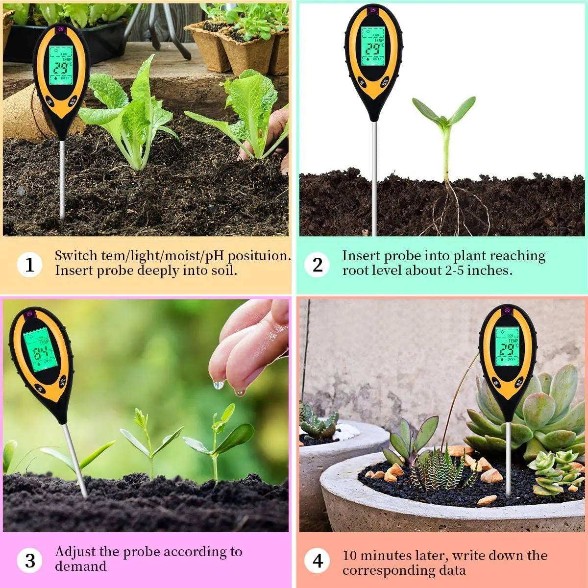 Soil pH Tester 4 in 1 Soil Tester Moisture Meter Plant Soil Tester Kit with PH, Light And Moisture Temperature Tester for Flower