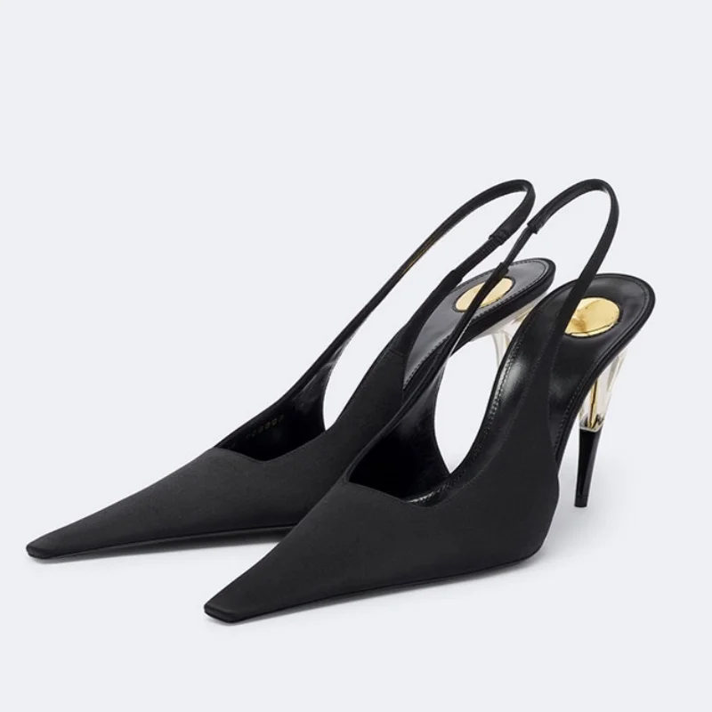 Women's Black Satin Slingback Pumps Ultra Pointed Toe Clear Transparent Stiletto Heel Elegant Evening Wedding Party Dress Shoes