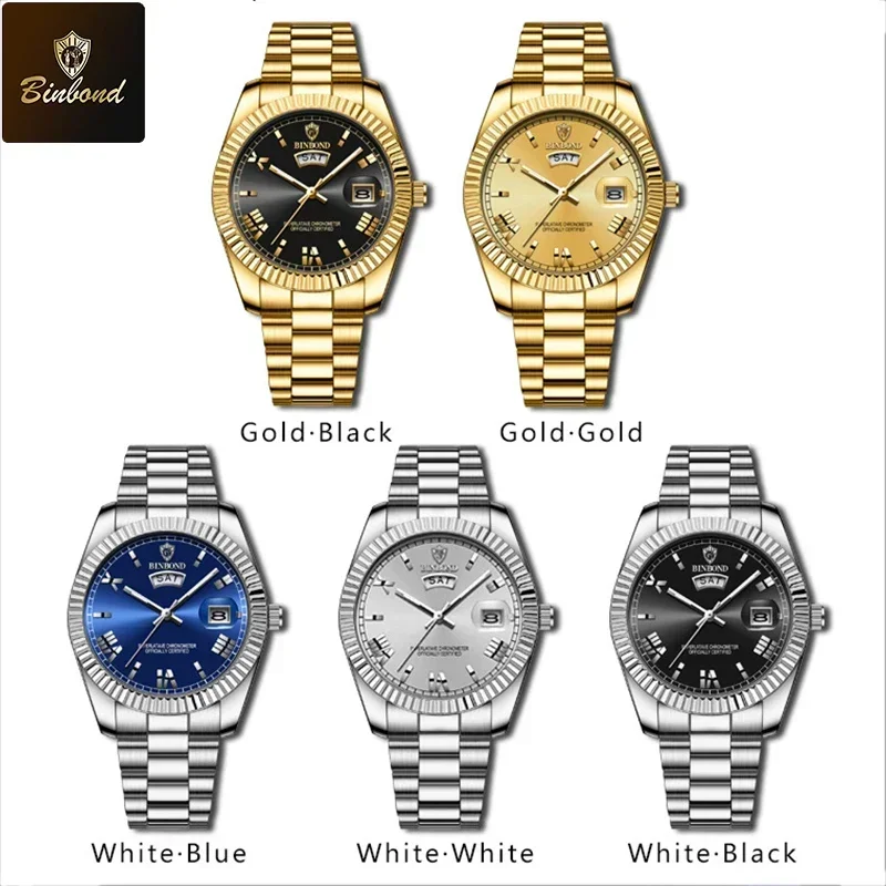 BINBOND นาฬิกาสุดหรูสําหรับชายกันน้ําส่องสว่างวันที่สัปดาห์สแตนเลสผู้ชายนาฬิกาข้อมือ Casual ควอตซ์นาฬิกาผู้ชายชายนาฬิกา