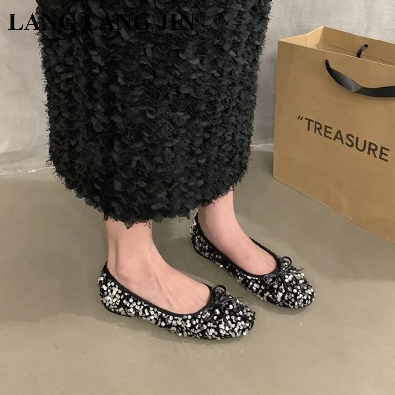 2023 New Autumn Bling Sequin Classic Ballet Shoes Women Round Toe Bowtie Ballerinas Casual Slip On Flats Elegant Valentine Mujer