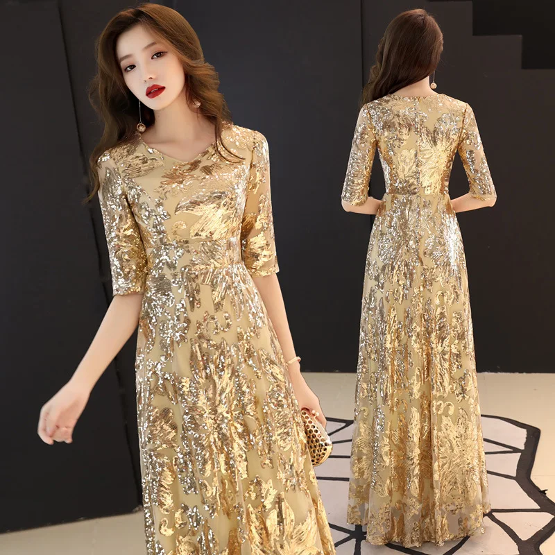 

Golden Evening Gown Ele Wedding Dr Faionable Par Dr Polyester Fabric Zipper Closure New 2024 Sle for Celebrat...