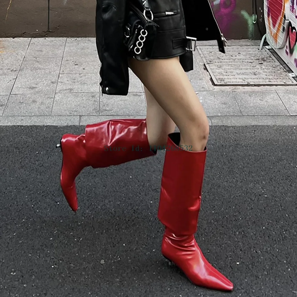 

Red Metallic Leathet Pleated Boots Sexy Pointed Toe Metallic Heel Knee High Slip On Solid New Arrivals Fashion Slouchy Boots