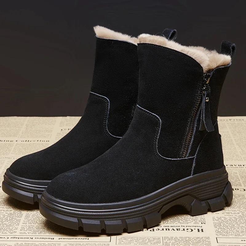 AUTUSPIN-Botas de nieve de cuero de ante para mujer, zapatos planos con plataforma, con cremallera lateral, cálidos, de felpa, para ocio al aire