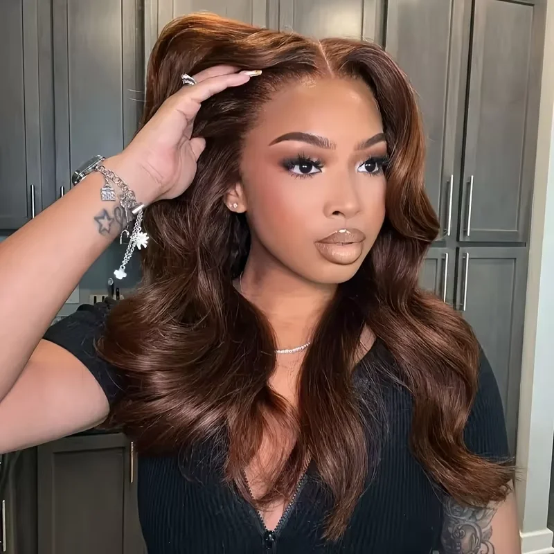 Peluca de Cabello Humano Brasileño 100% con Frente de Encaje, Ondulado, Color Chocolate, Densidad 220, 36 Pulgadas, Encaje Transparente HD 13x6