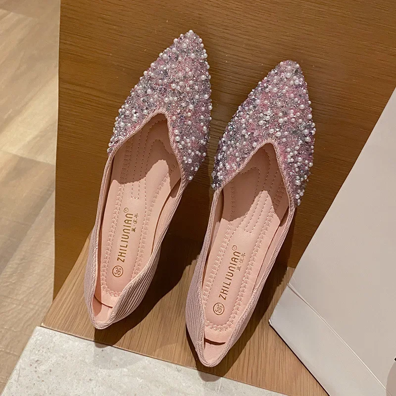 2024 Autumn Women's Bohemian Shoes Rhinestone Decoration Pointed Toe Flat New Fashion Party Dress Shoes Rhinestone Women Shoe