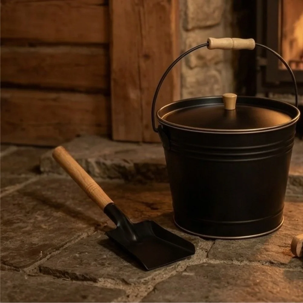 Galvanized Iron Bucket Black Fireplace Ash Bucket Rust Resistant Material Sturdy Wood Handle Indoor Outdoor Use
