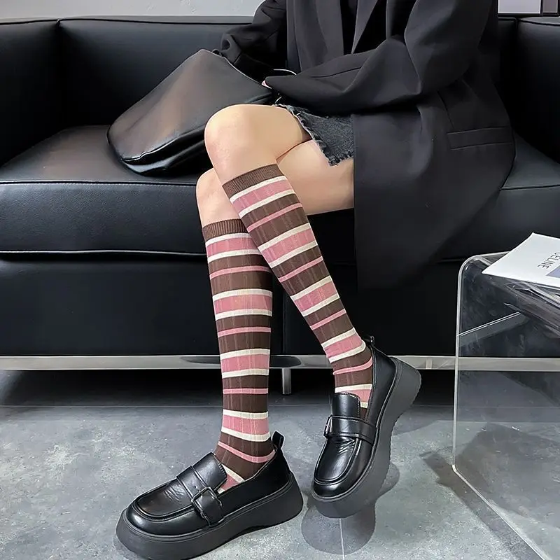 3 คู่ผู้หญิงสีชมพูลายเข่าถุงเท้าสูงแฟชั่นสไตล์วิทยาลัยนุ่มสบายดูดซับเหงื่อ Breathable Casual ถุงเท้า
