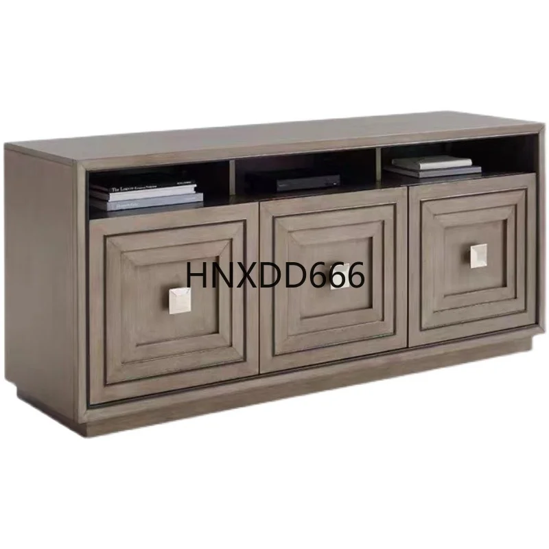 Small apartment living room retro storage floor cabinet behind solid wood TV cabinet