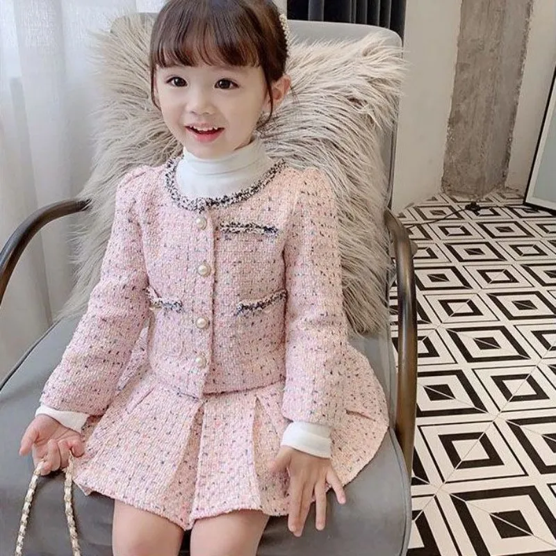 

Spring and Autumn Baby Girls' Clothing Set New Children's Casual Sweet Coat+Two piece pleated Short Skirt Set