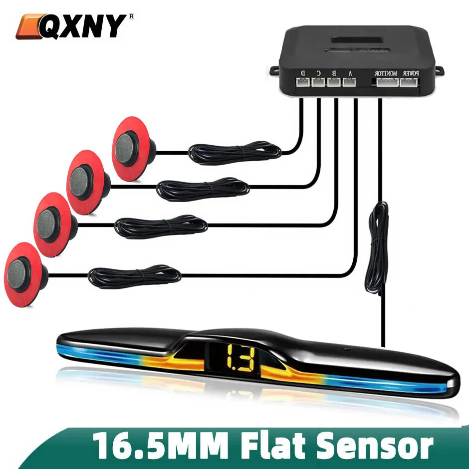 

QXNY Flat 16.5mm Parktronic 4 Parking Sensors Kit Reversing Backup Radar Recoil Auto Detector Assistance Buzzer Automobile