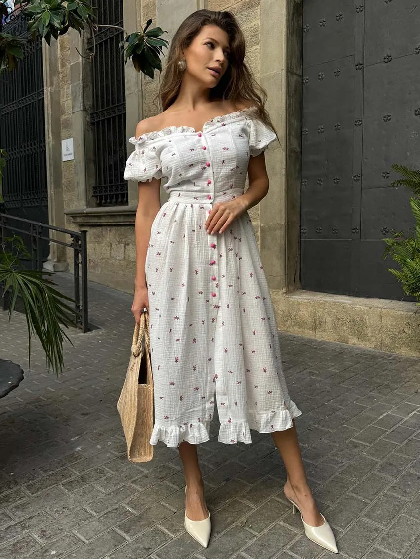 

Oymimi Autumn White Print Dresses 2025 Woman Fashion Strapless Ruffled Short Sleeve Dress Casual Single Breasted Mid-Calf Dress