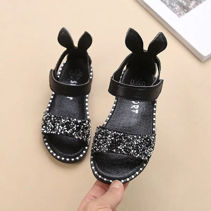 Children Sandals For Toddlers Girl Big Girls Kids Beach Shoes Cute Sweet Princess Rhinestone With Rabbit Ear Soft Fashion 21-36