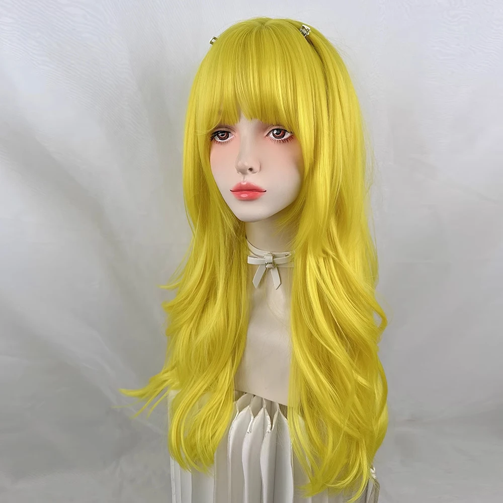 المرأة الاصطناعية الأصفر طويل مستقيم متموج الباروكات مقاومة للحرارة رقيق لوليتا شعر مستعار تأثيري مع الانفجارات للحزب اليومي #5