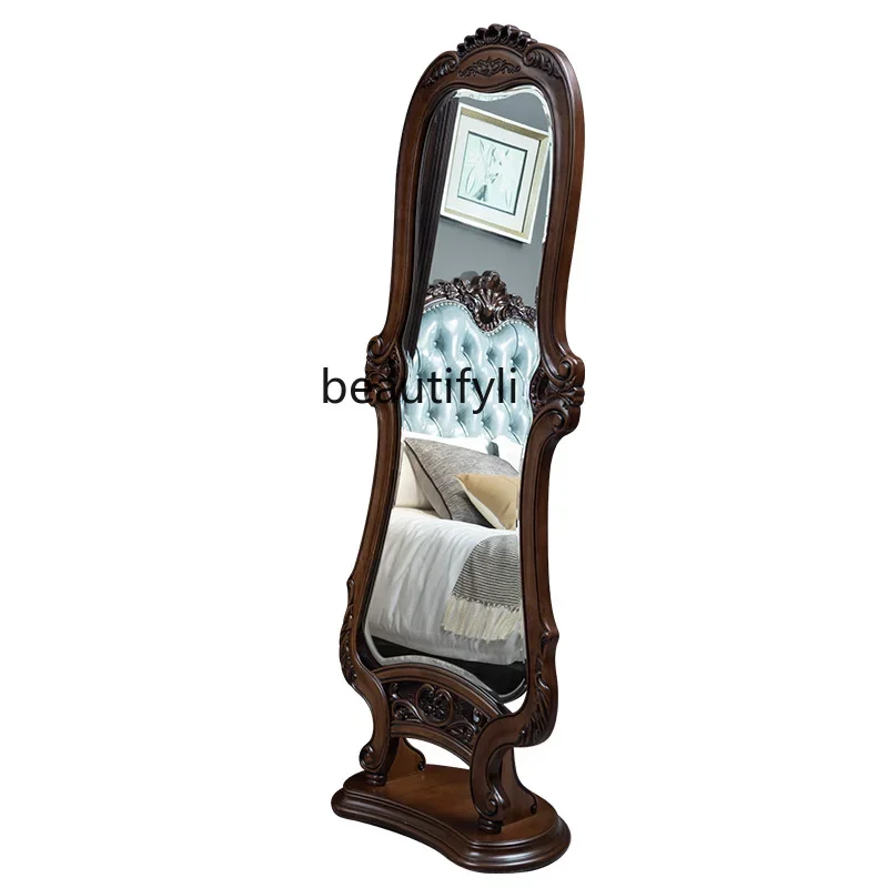 American walnut solid wood full-length mirror European retro carved bedroom fitting mirror living room full body