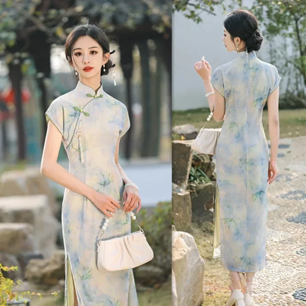 2024 New Mesh Qipao Fashion Improvement for Young Girls New Chinese Long Sleeved Qipao Spring Chinese Dress