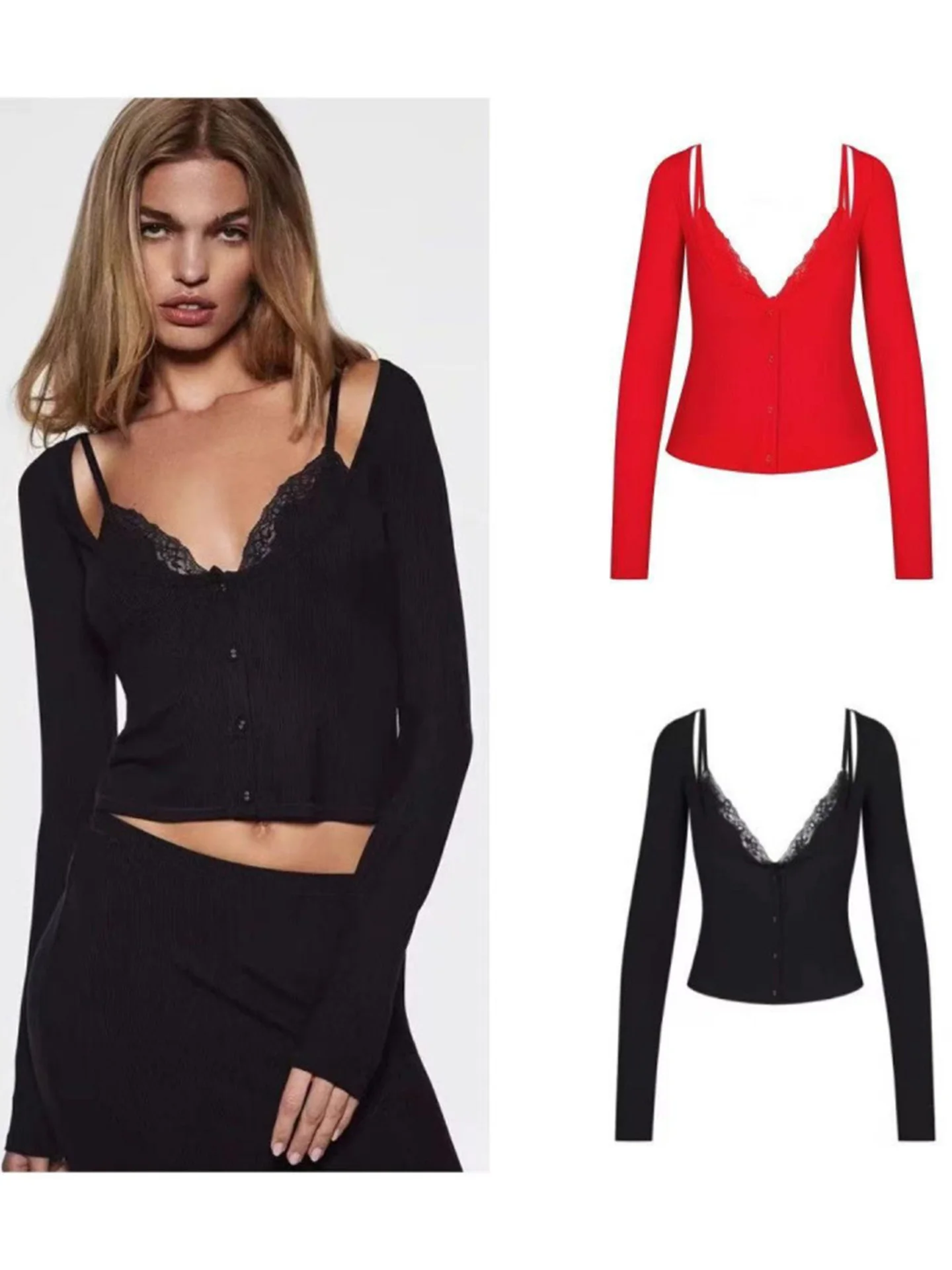 

Kardaian Yezhong Ling Bla Sexy Lace Illusory Two-Piece Long Sve Top Women's Slim Fit V-Ne Polyurethane Elastic Fiber